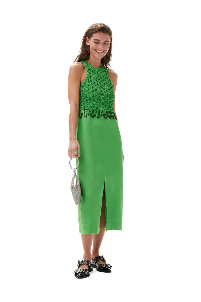 GANNI Smocked Satin Maxi Dress,Classic Green