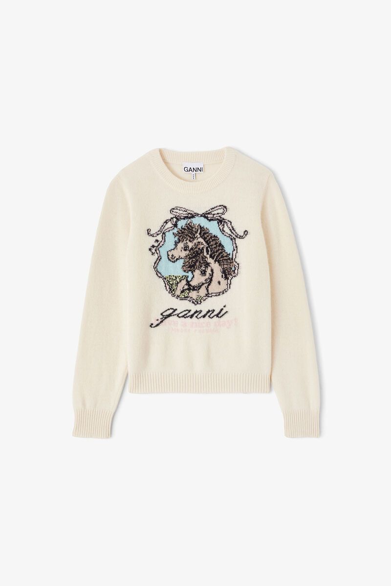 Jumper with Horses, Wool, in colour Egret - 1 - GANNI