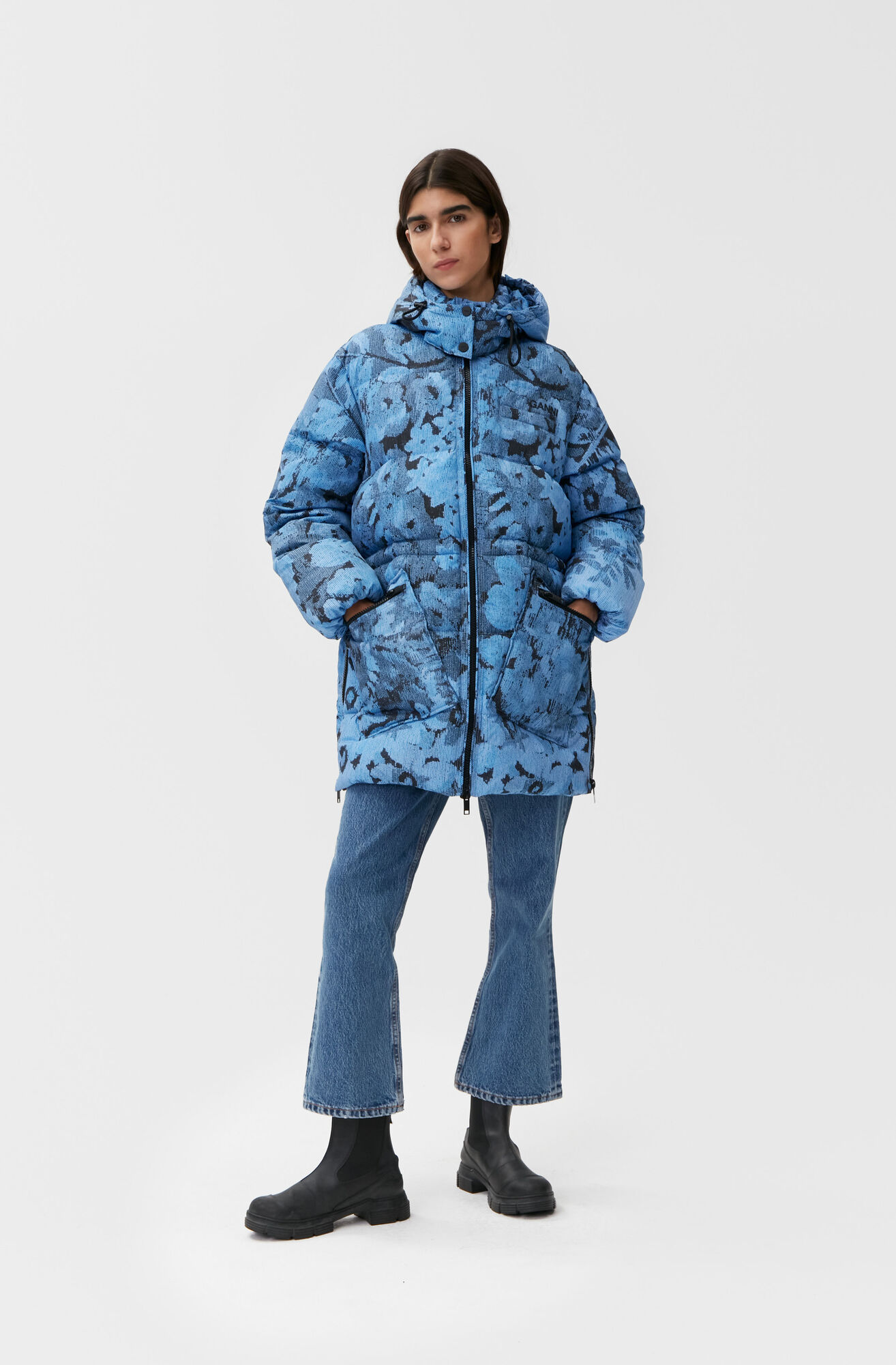 Tech Puffer Printed Oversized Puffer Midi Jacket, Recycled Polyester, in colour Placid Blue - 1 - GANNI