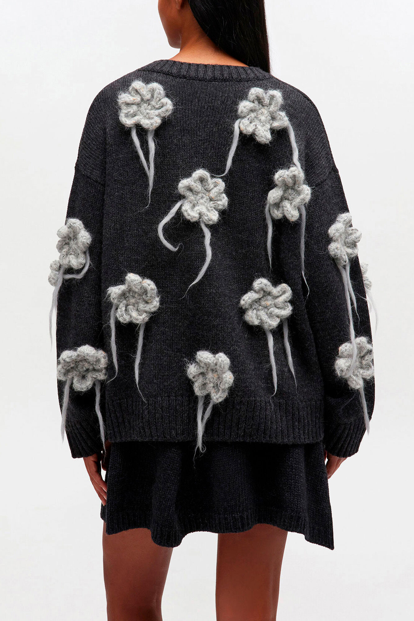 Dark Grey Flower Crochet Sweater, Wool, in colour Phantom - 3 - GANNI