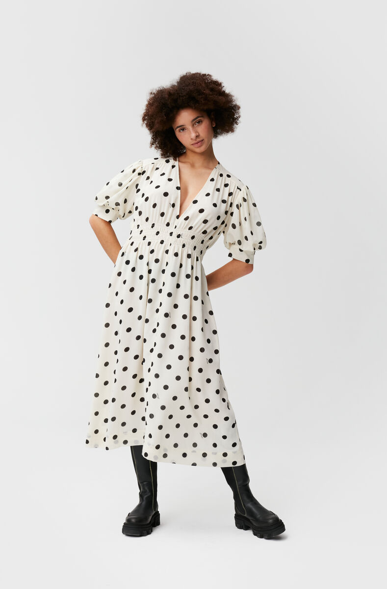 Printed Dotted Georgette Dotted Georgette Smock Dress, Recycled Polyester, in colour Vanilla Ice - 1 - GANNI