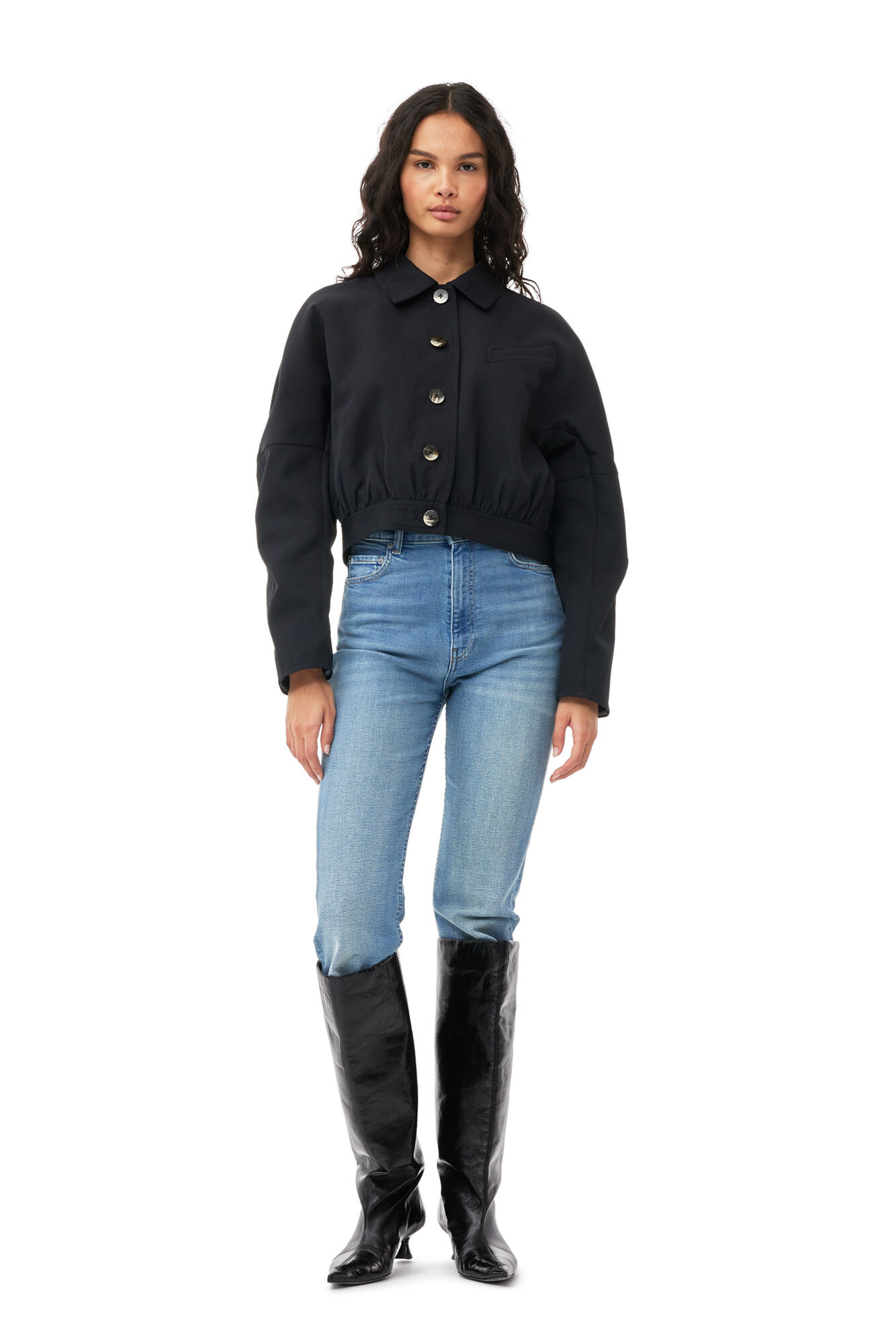 Black Heavy Twill Short Jacket, Recycled Polyester, in colour Black - 2 - GANNI