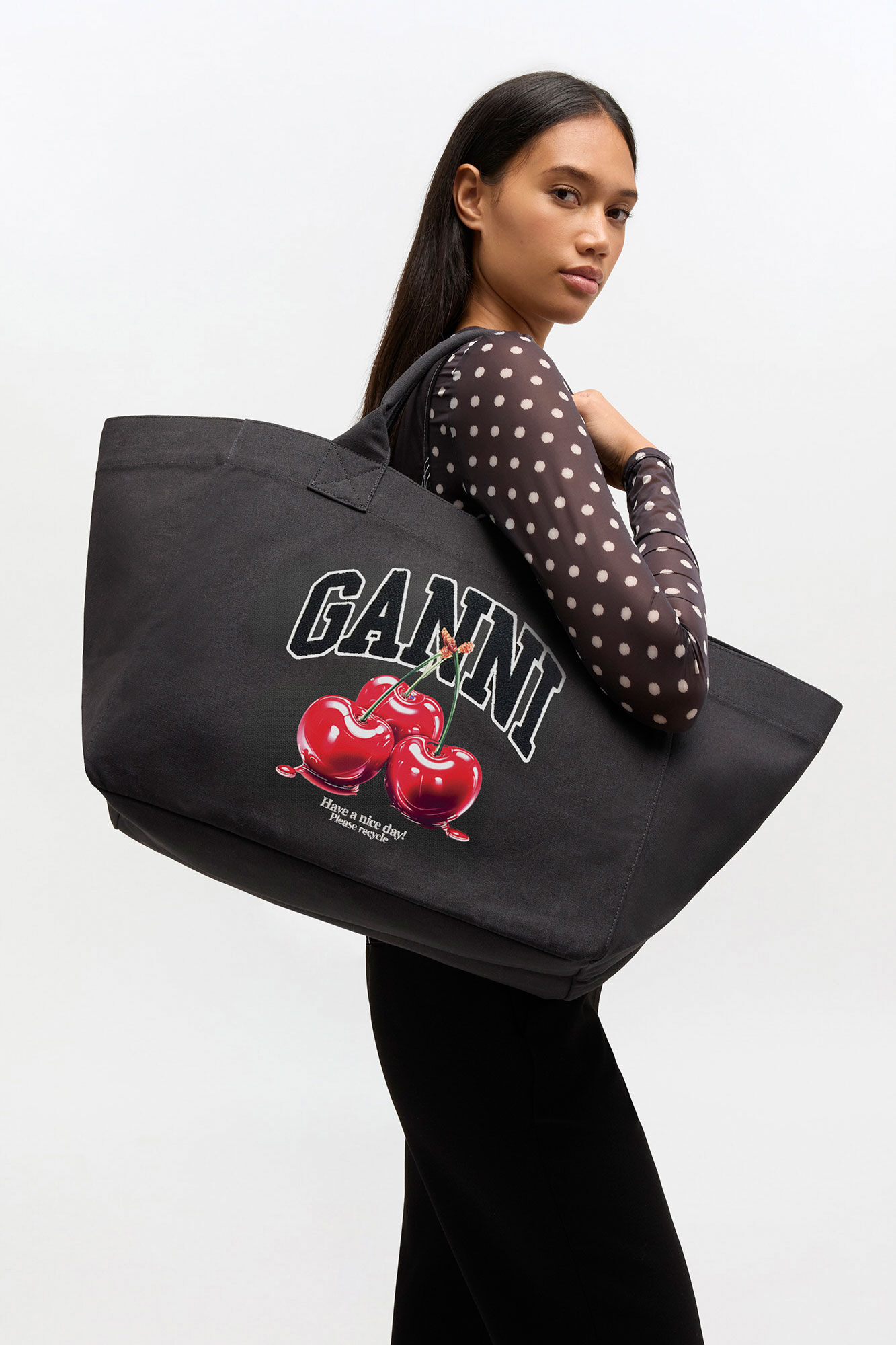 Black XXL Cherry Tote, in colour Phantom - 1 - GANNI