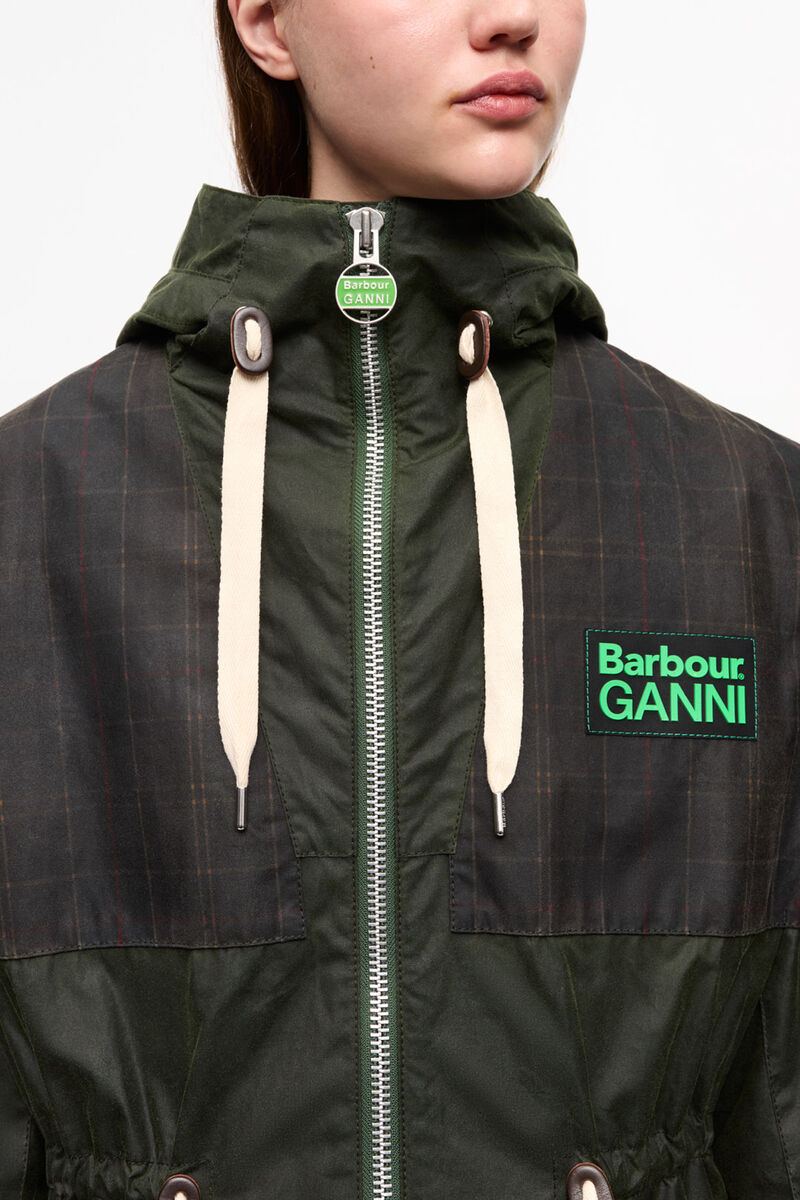 GANNI x Barbour Waxed Parka Jacket, Organic Cotton, in colour Dark Green - 3 - GANNI
