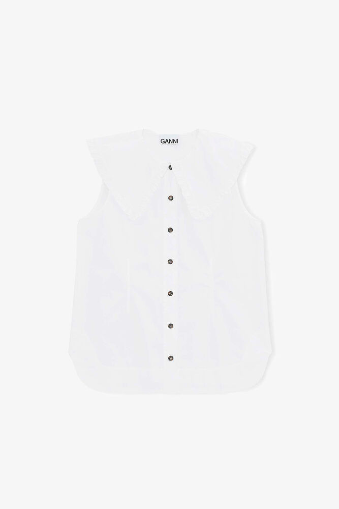 Cotton Poplin Sleeveless Frill Collar Shirt, Bright White