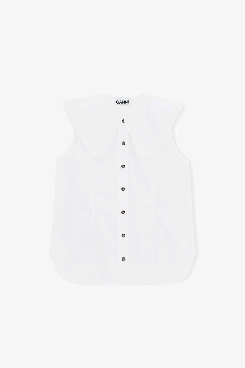 Cotton Poplin Sleeveless Frill Collar Shirt, Cotton, in colour Bright White - 1 - GANNI
