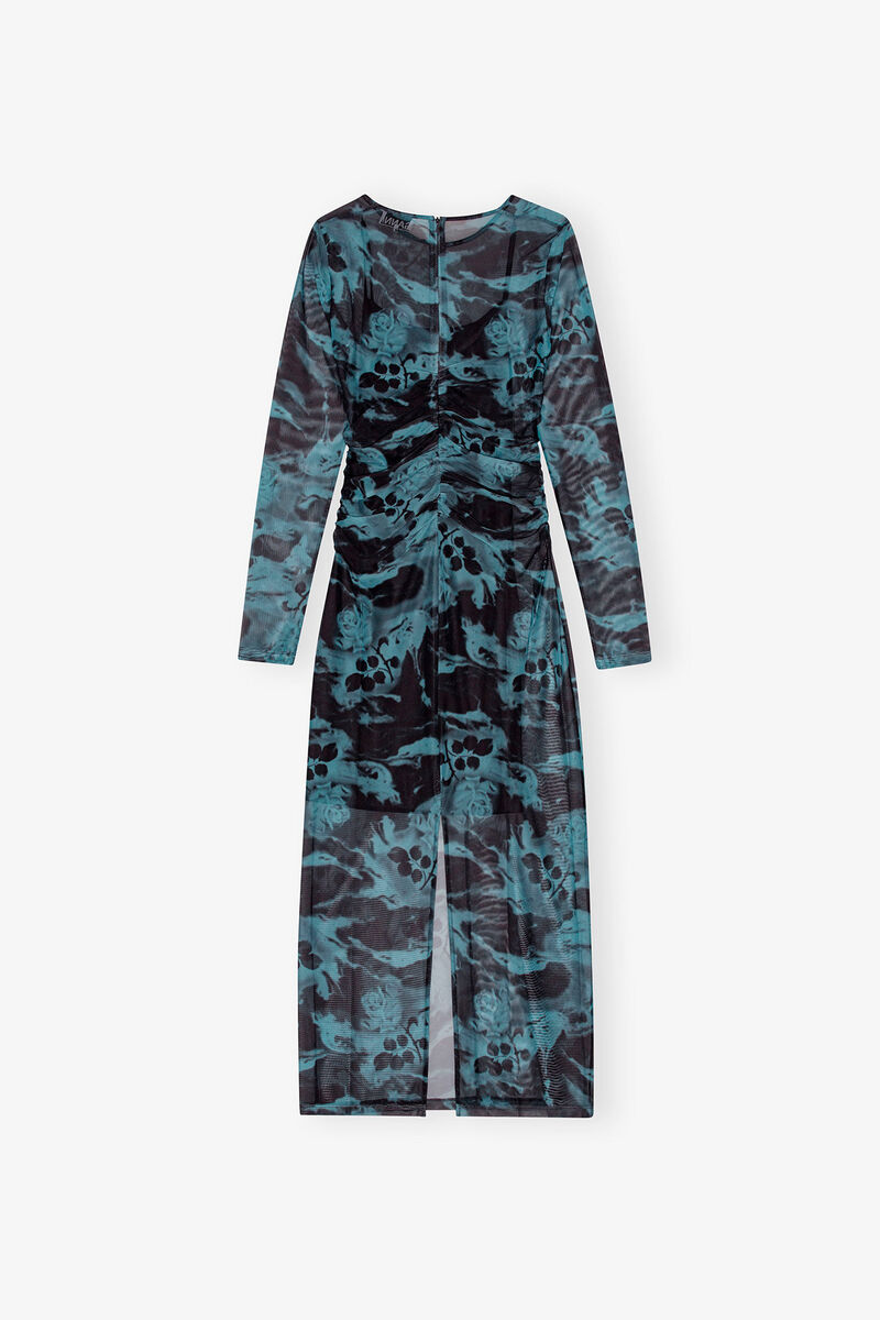 Blue Printed Mesh O-neck Ruched Long Dress, Recycled Polyester, in colour Blue Shadow - 2 - GANNI