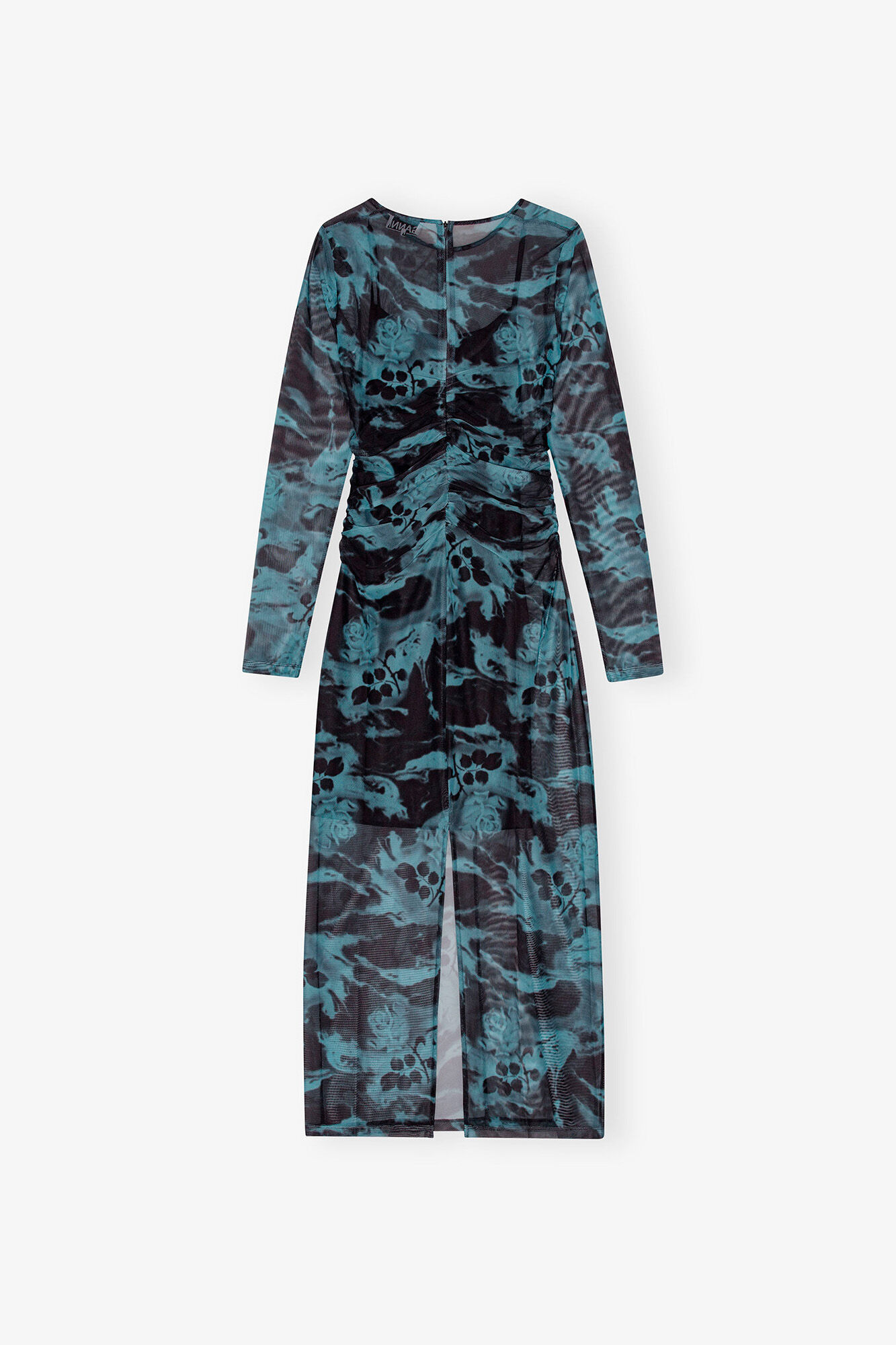 Blue Printed Mesh O-neck Ruched Long Dress, Recycled Polyester, in colour Blue Shadow - 2 - GANNI