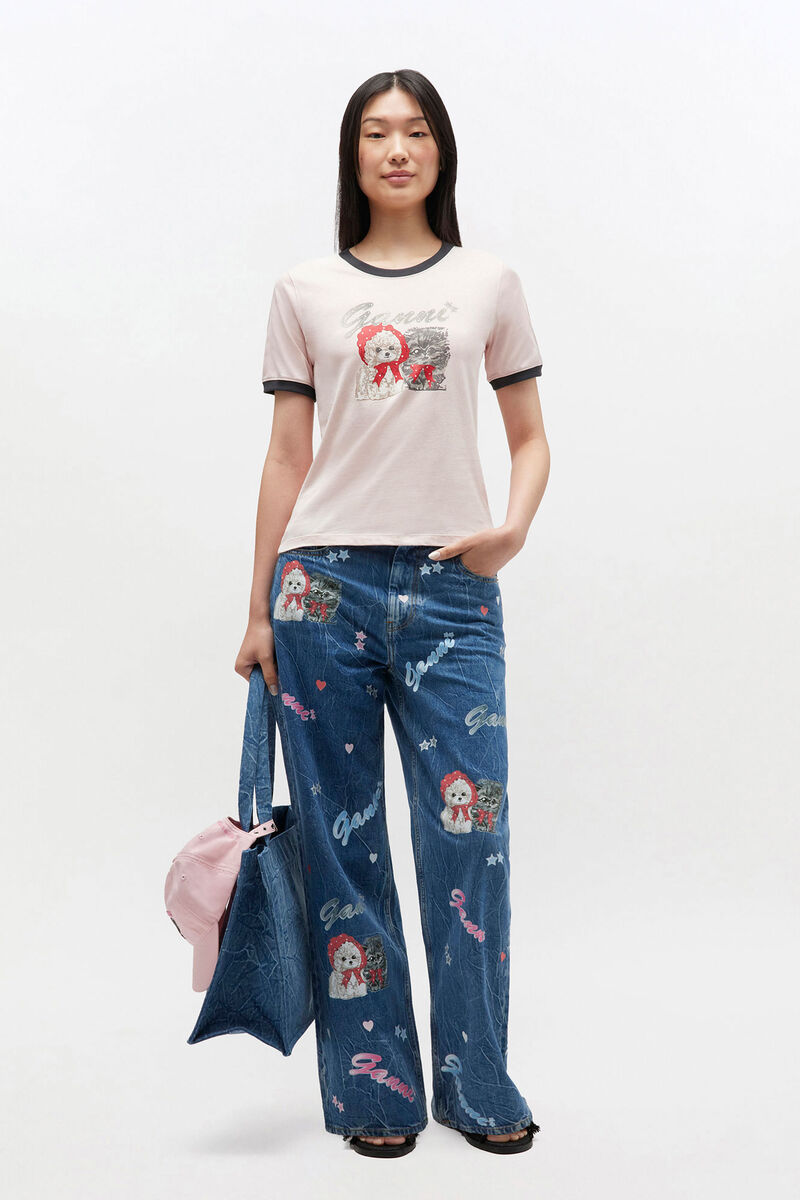 Rosa croppad t-shirt med djurmotiv, Cotton, in colour Primrose Pink - 1 - GANNI