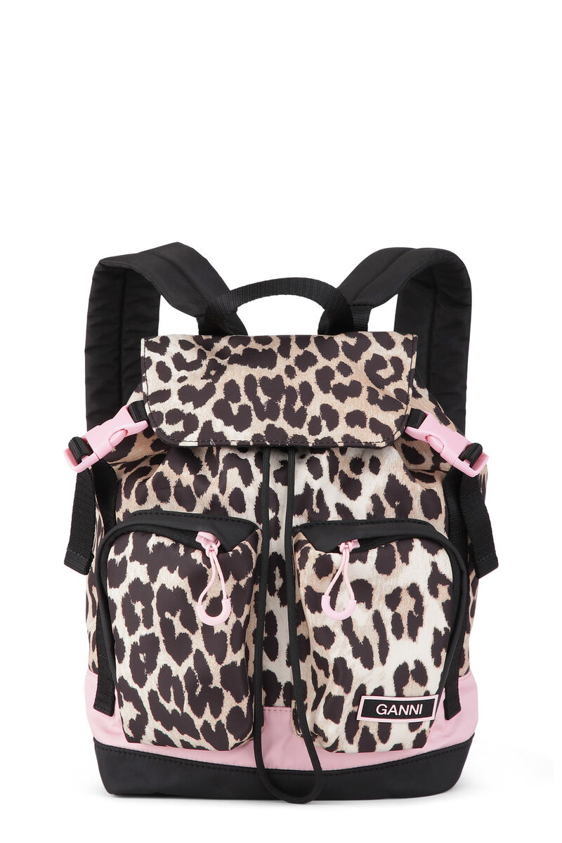 Recycled Mini Backpack, Recycled Polyester, in colour Leopard - 1 - GANNI
