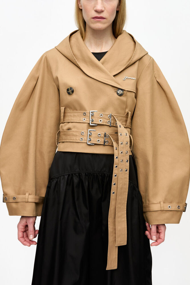 Camel Bonded Cotton Short Trench Jacket, Tiger's Eye