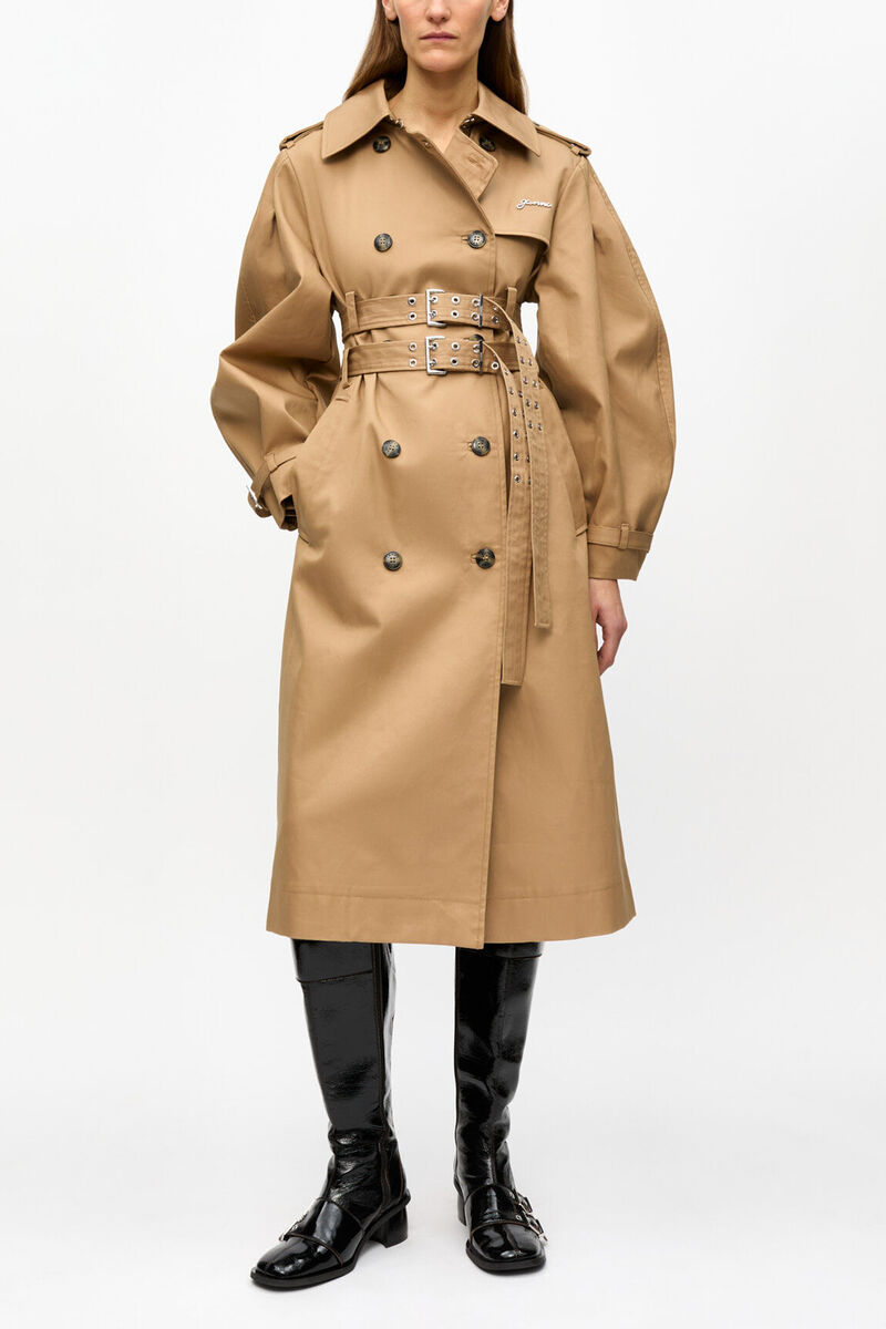Camel Bonded Cotton Trench Coat, Organic Cotton, in colour Tiger's Eye - 1 - GANNI