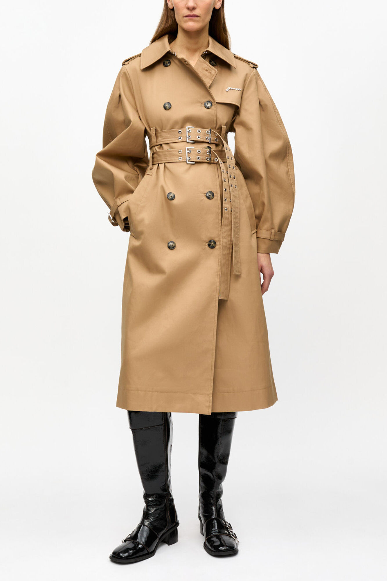 Camel Bonded Cotton Trench Coat, Organic Cotton, in colour Tiger's Eye - 1 - GANNI