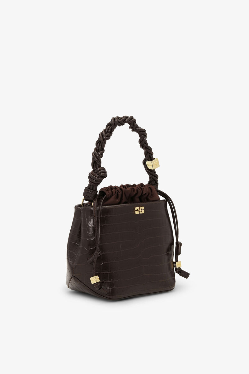 Brun Bou Bucket-v&auml;ska i krokodilm&ouml;nster, Recycled Leather, in colour Chocolate Fondant - 2 - GANNI