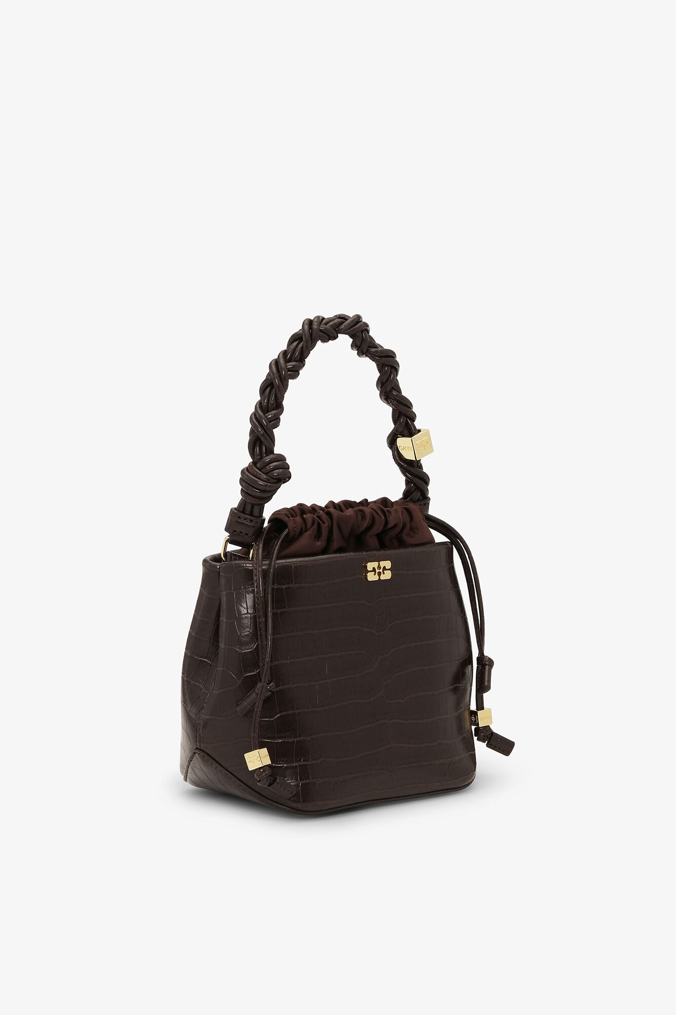 Brun Bou Bucket-v&auml;ska i krokodilm&ouml;nster, Recycled Leather, in colour Chocolate Fondant - 2 - GANNI