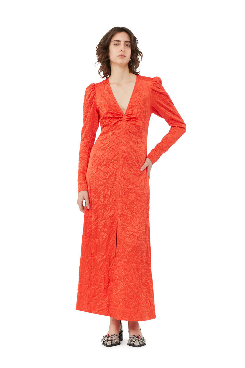 Red Crinkled Satin Long Dress, Elastane, in colour Grenadine - 1 - GANNI