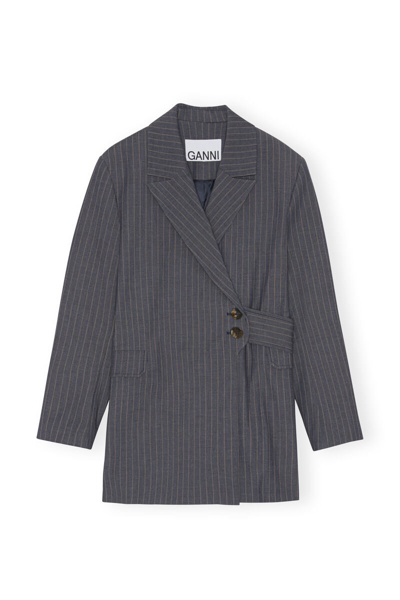 Stripe Belt blazer, Elastane, in colour Sky Captain - 1 - GANNI