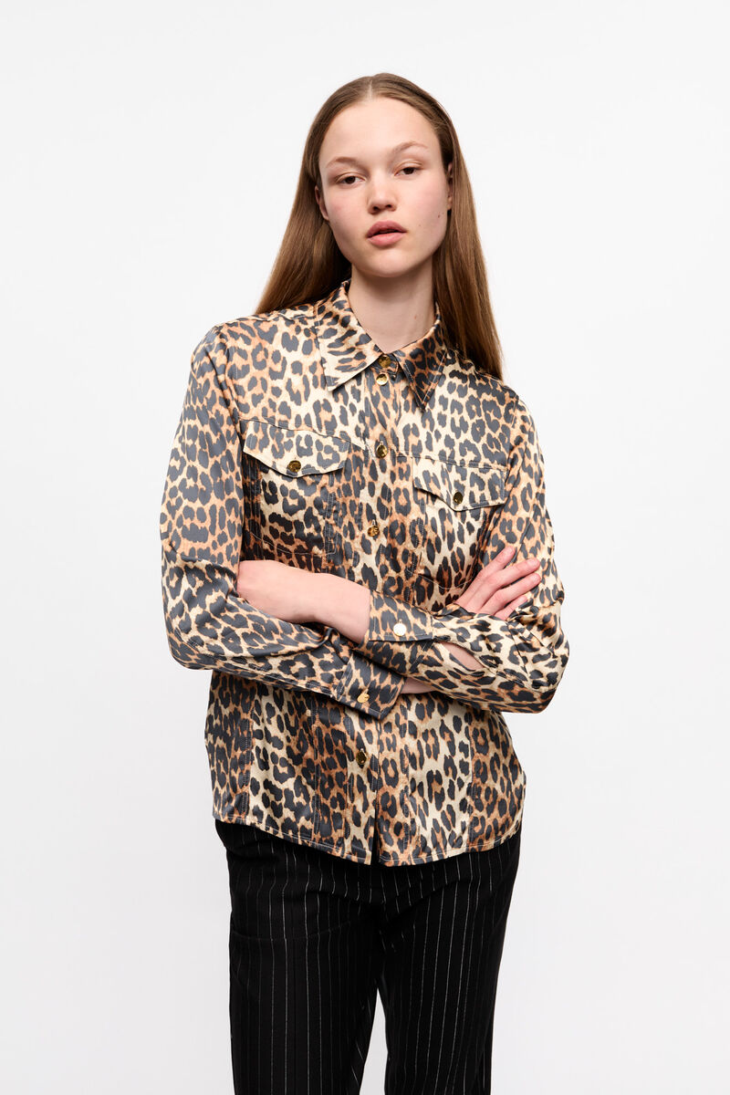 Leopard Print Satin Shirt, Spandex, in colour Leopard - 1 - GANNI