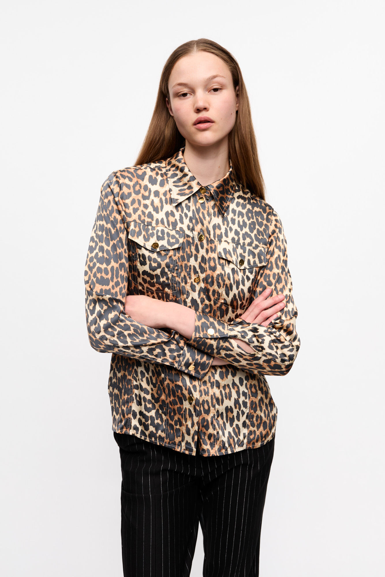 Leopard Print Satin Shirt, Spandex, in colour Leopard - 1 - GANNI