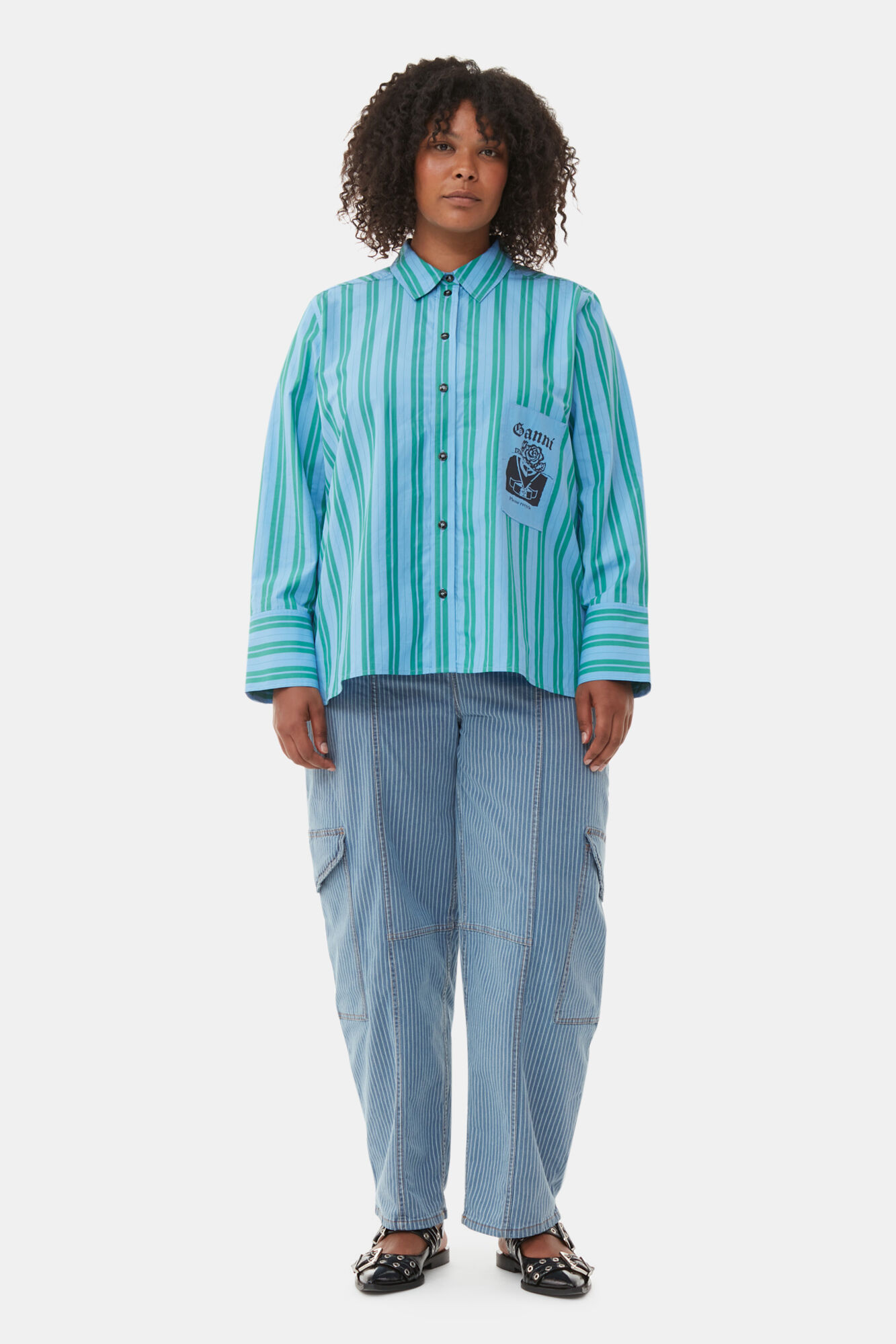 Re-cut Striped Cotton Shirt, Cotton, in colour Silver Lake Blue - 6 - GANNI