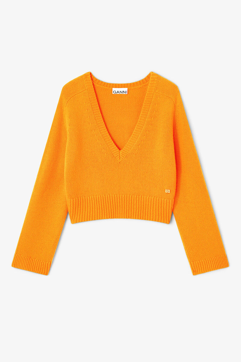 Orange V-neck Jumper, Cashmere, in colour Orange Tiger - 1 - GANNI