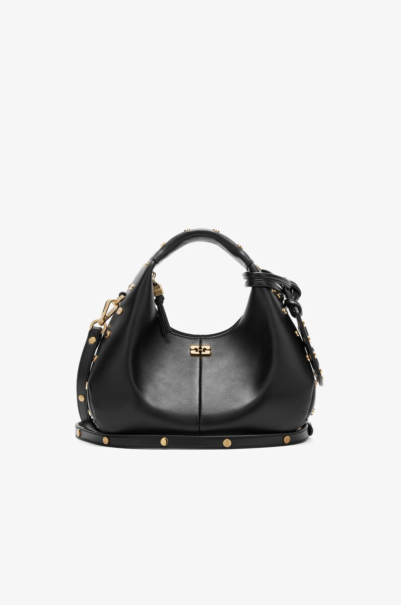 Mini Hobo taske med nitter i sort, Recycled Leather, in colour Black - 1 - GANNI
