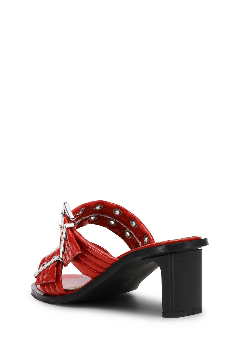 Red Feminine Buckle Heeled Mule Sandals, Cotton, in colour Racing Red - 3 - GANNI