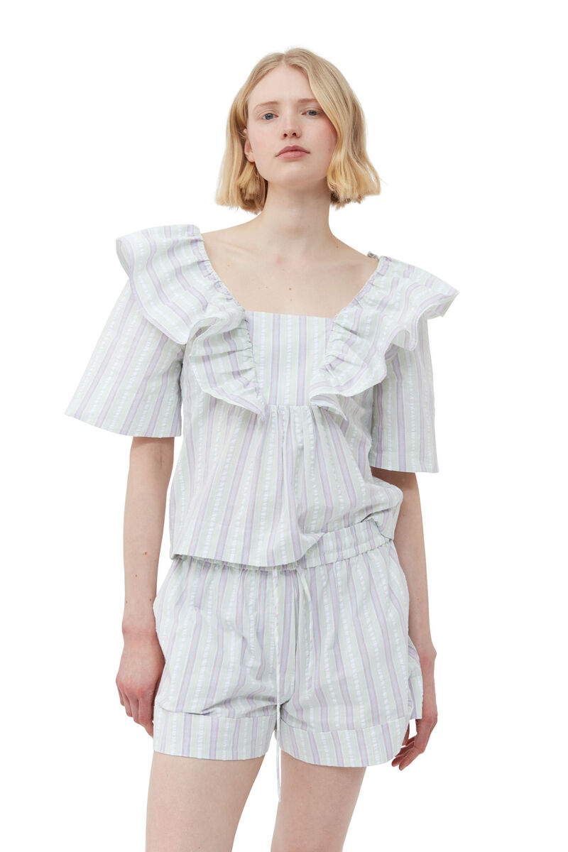 Striped Seersucker blus med krås, Elastane, in colour Mauve Chalk - 4 - GANNI