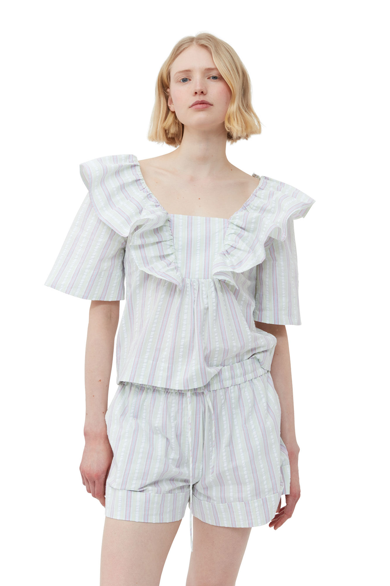 Striped Seersucker blus med krås, Elastane, in colour Mauve Chalk - 4 - GANNI