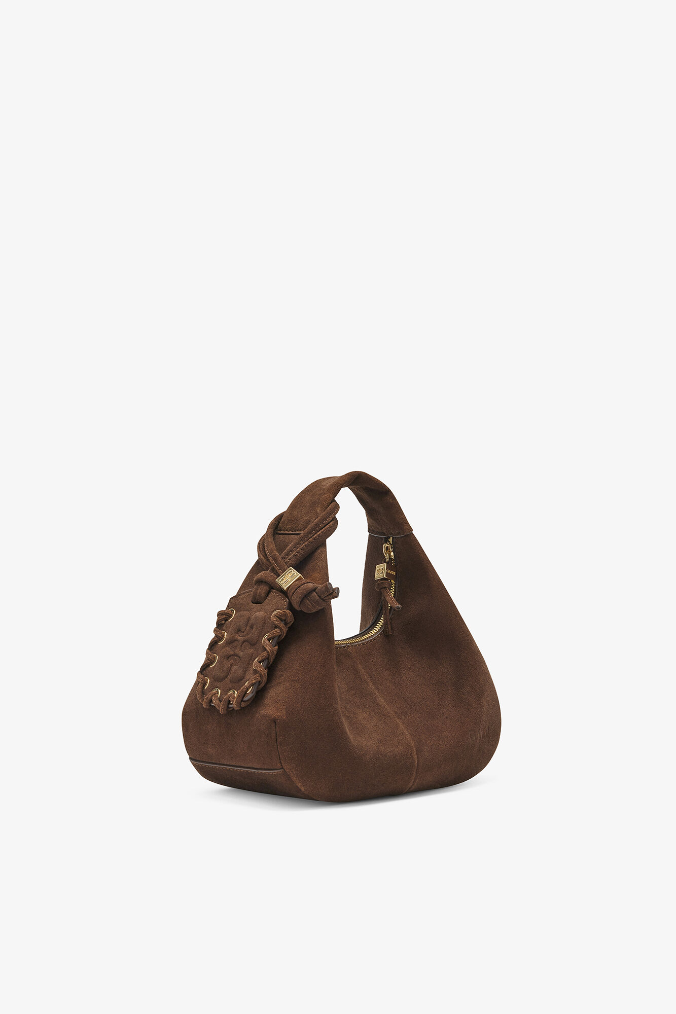 Braune Mini-Hobo-Tasche aus Wildleder, Recycled Leather, in colour Chicory Coffee - 2 - GANNI