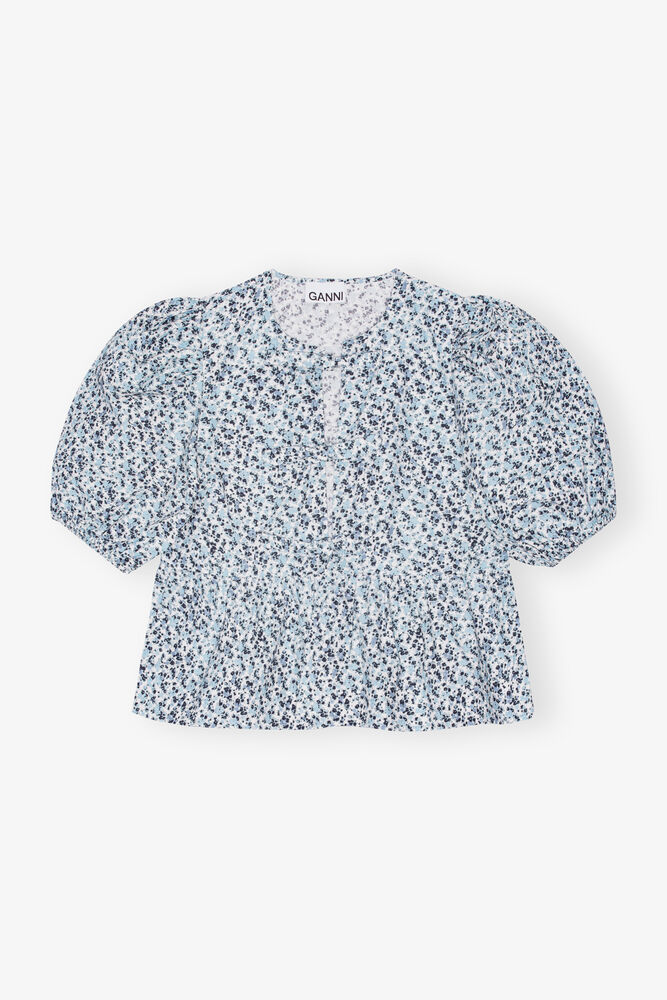 Floral Printed Cotton Poplin Peplum Blouse, Glacier Lake