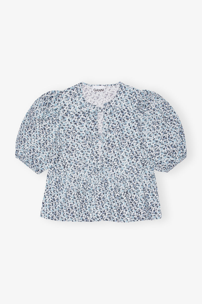 Floral Printed Cotton Poplin Peplum Blouse, Cotton, in colour Glacier Lake - 1 - GANNI