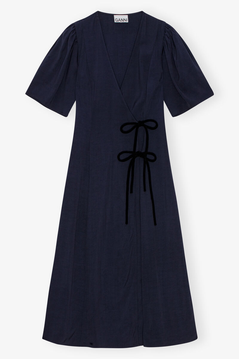 Navy Blue Viscose Twill Wrap Midi Dress, Viscose, in colour Sky Captain - 1 - GANNI