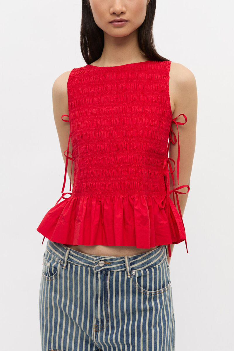 Red Cotton Smock Tie Top, Organic Cotton, in colour Racing Red - 1 - GANNI