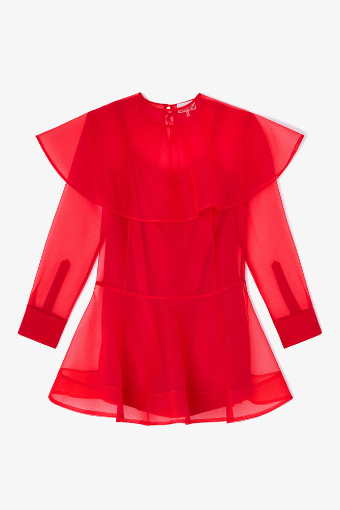 Red Organza Circle Collar Dress, Mars Red
