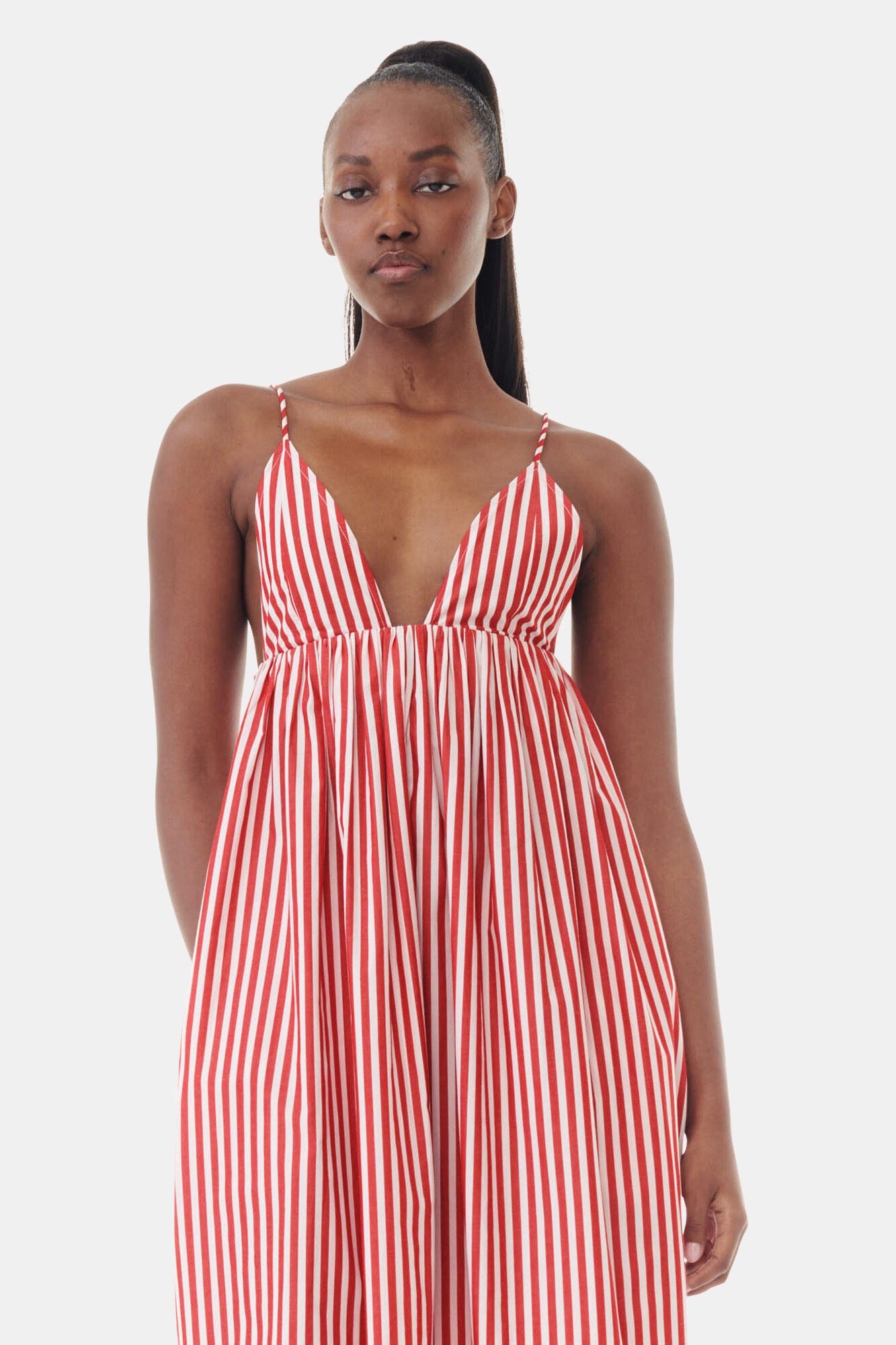 Red Stripe Cotton Strap Midi Dress, Cotton, in colour Barbados Cherry - 2 - GANNI