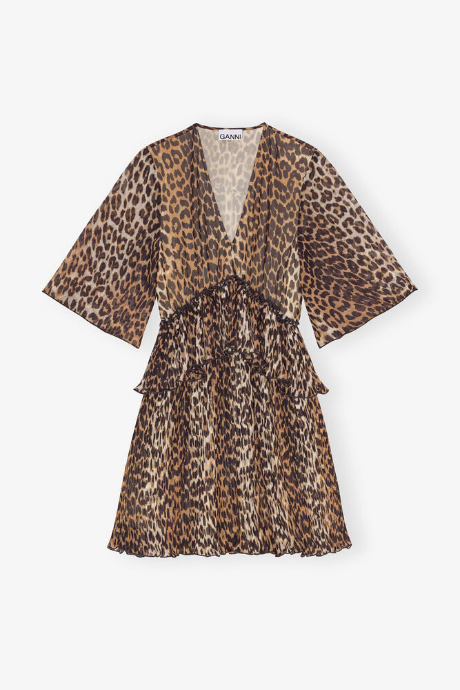 Leopard Pleated Georgette V-neck Flounce Mini Dress, Almond Milk