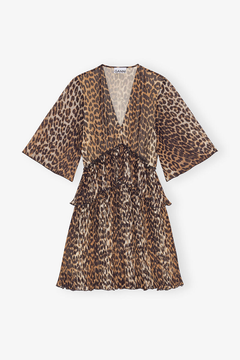 Leopard Pleated Georgette V-neck Flounce Mini Dress, Recycled Polyester, in colour Almond Milk - 1 - GANNI