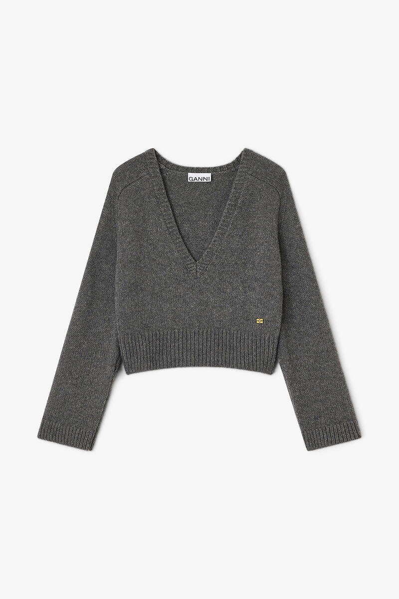 Dark Grey V-neck Sweater, Wool, in colour Phantom - 1 - GANNI
