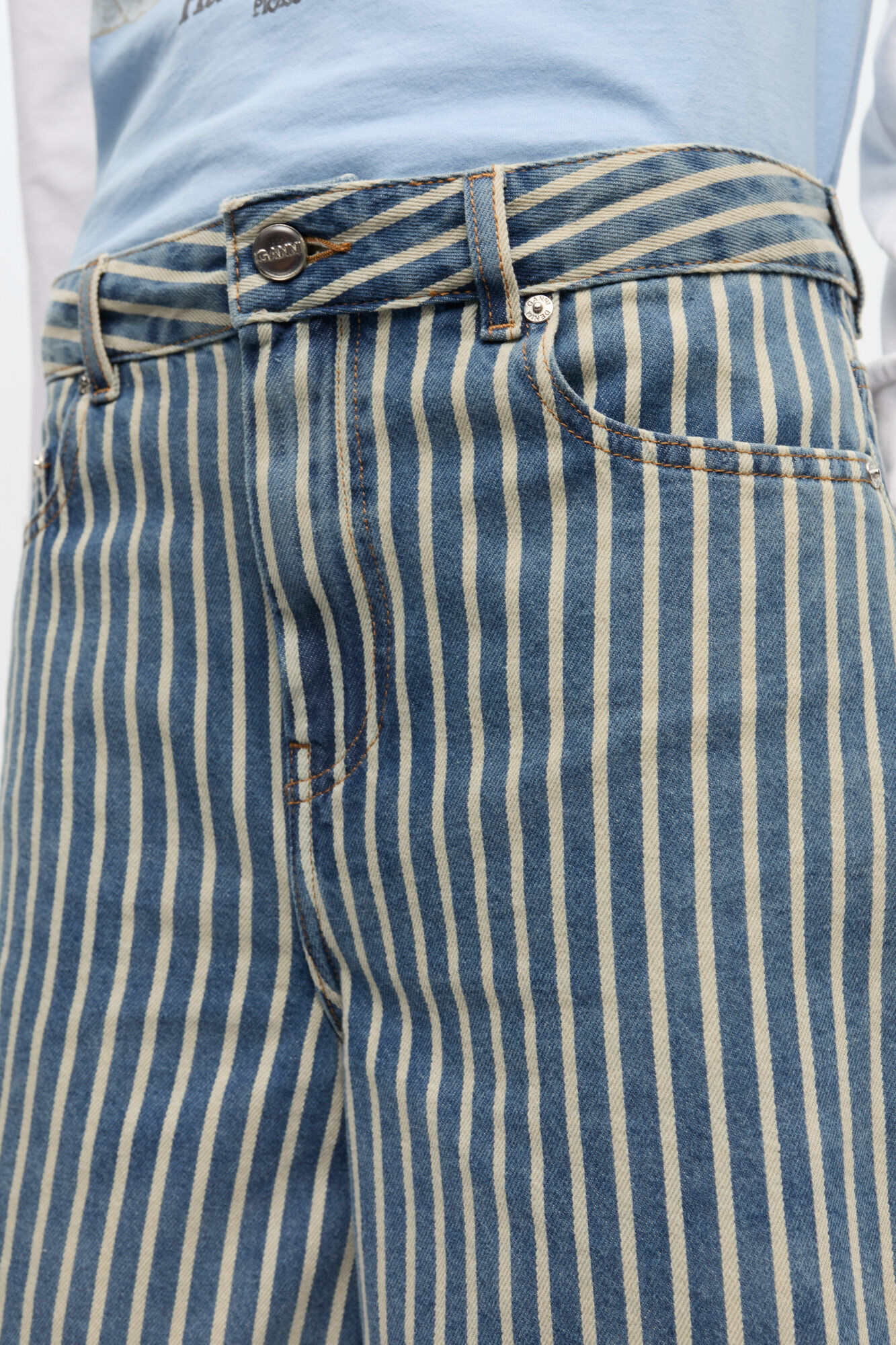 Striped Denim Shorts, Cotton, in colour Soft Chambray - 4 - GANNI