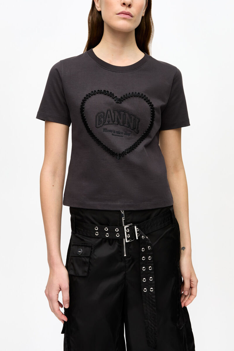Black Cropped Heart T-shirt, Organic Cotton, in colour Phantom - 1 - GANNI