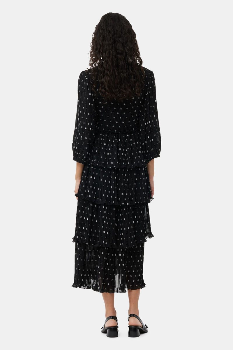 Black Pleated Georgette Flounce Smock Midi Dress, Recycled Polyester, in colour Black - 2 - GANNI