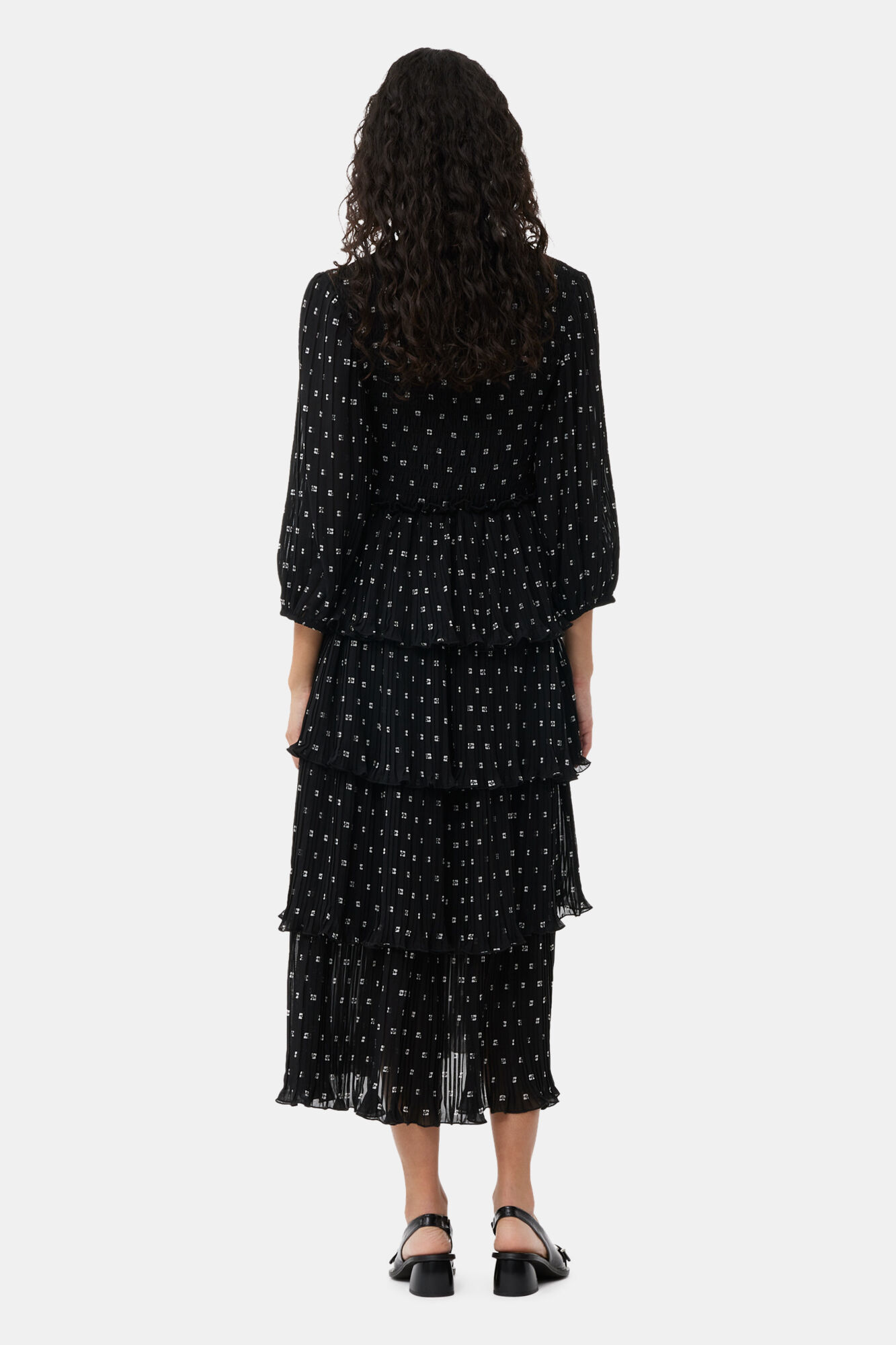 Black Pleated Georgette Flounce Smock Midi Dress, Recycled Polyester, in colour Black - 2 - GANNI