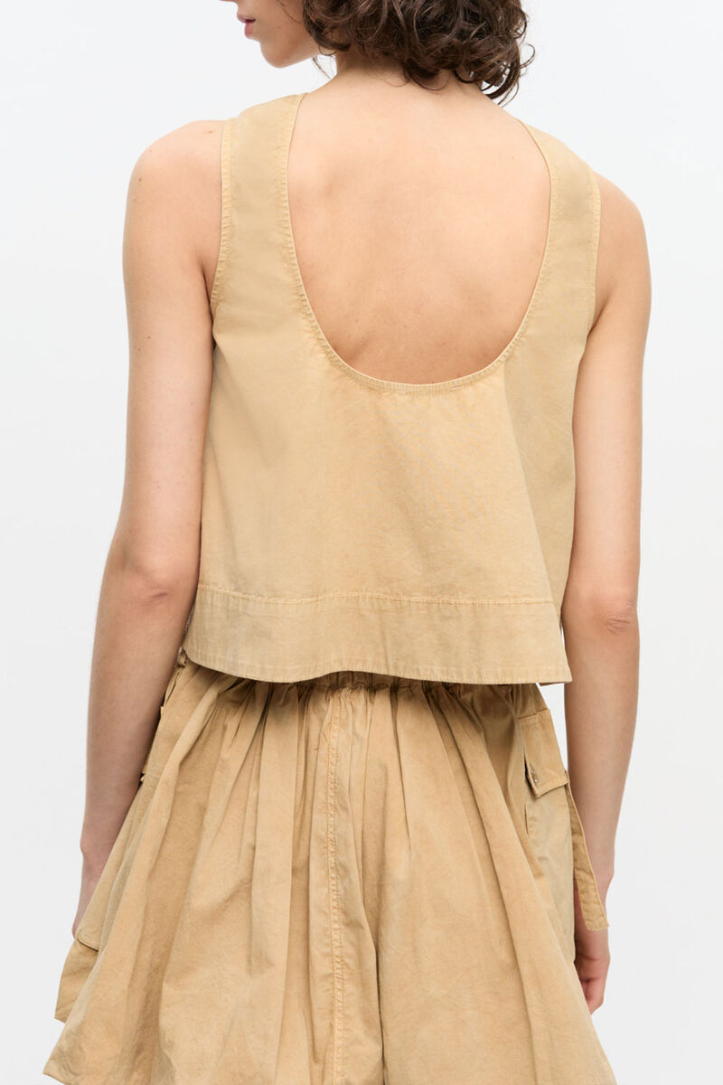 Beige Washed Stretch Cotton Sleeveless Top, Organic Cotton, in colour Lark - 3 - GANNI