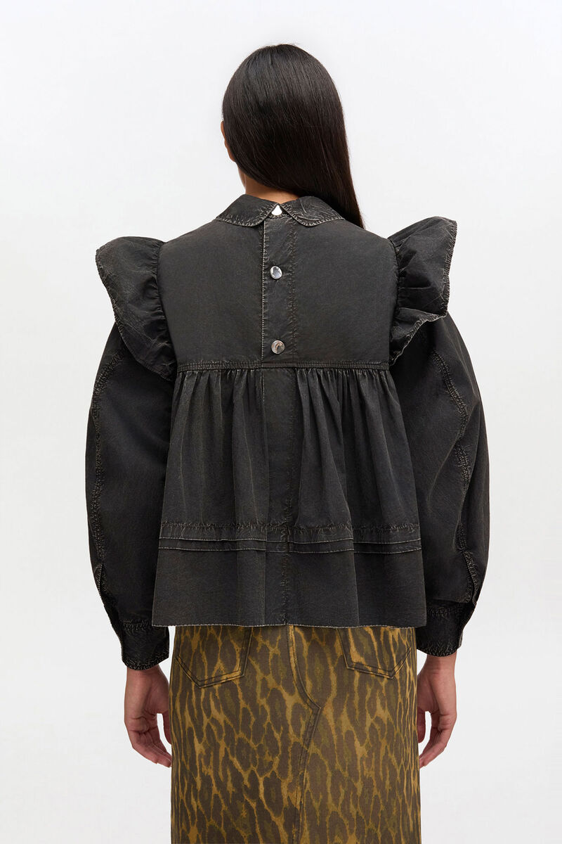 Sortvasket fl&aelig;sebluse, Organic Cotton, in colour Black - 3 - GANNI