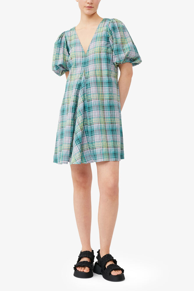 Seersucker Check V-Neck Mini Dress, Lagoon