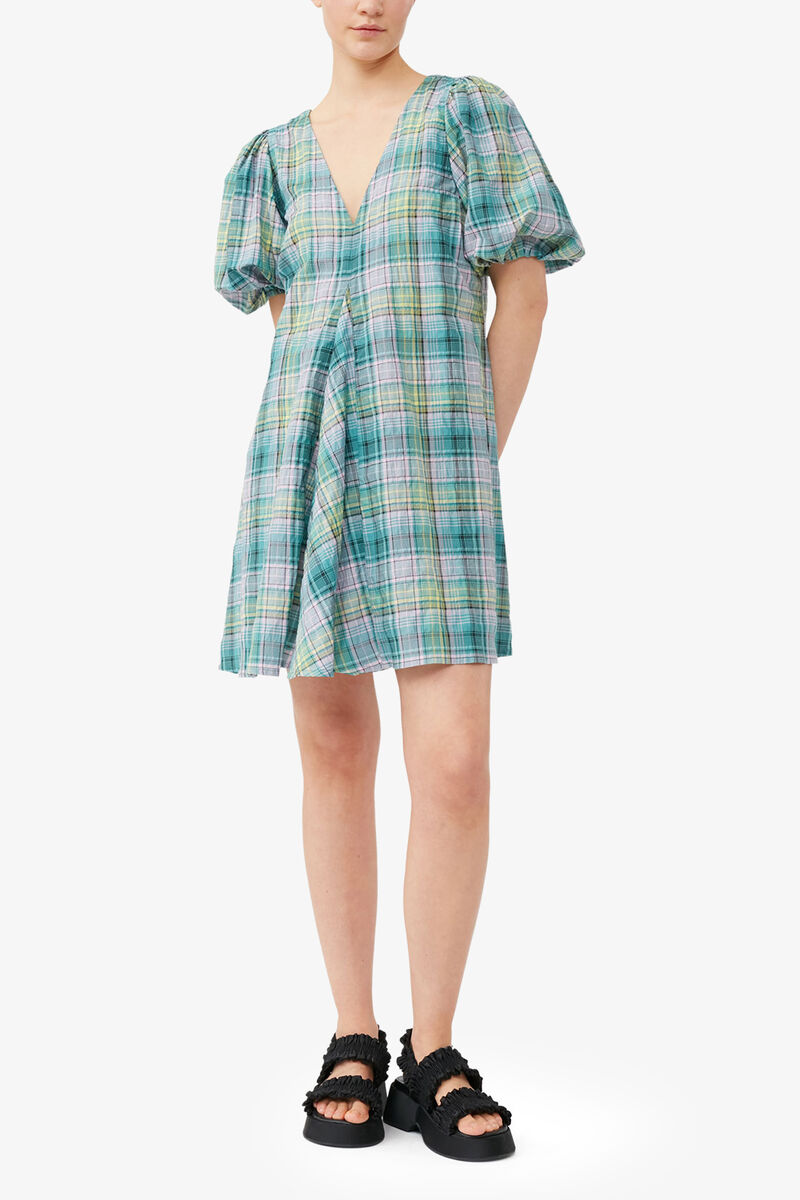 Seersucker Check V-Neck Mini Dress, Organic Cotton, in colour Lagoon - 1 - GANNI