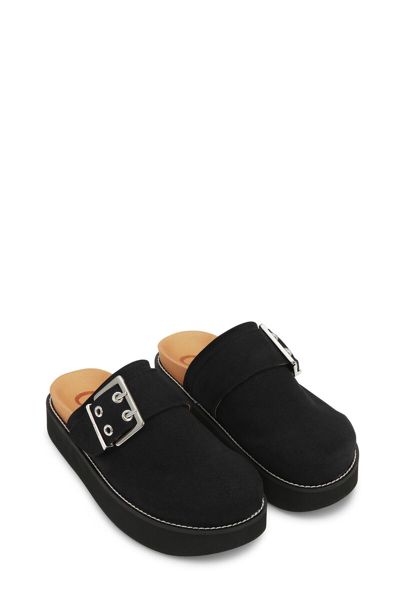 Black Suede Feminine Buckle-mulesko, Polyurethane, in colour Black - 2 - GANNI