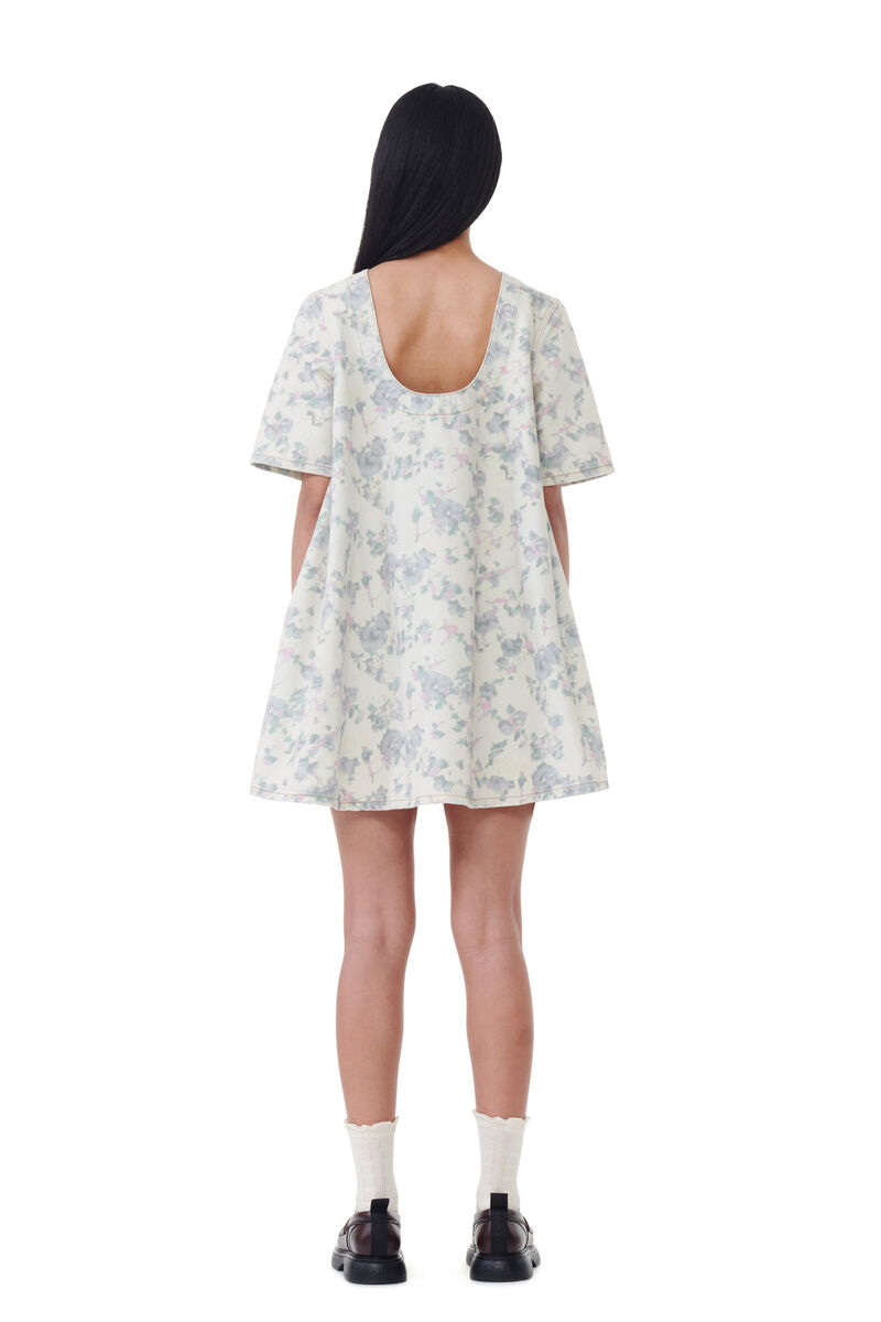 Floral Printed Denim Open Back Mini-kjole, Cotton, in colour Tofu - 4 - GANNI