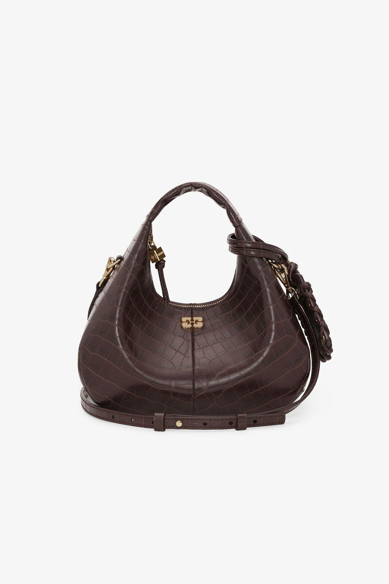 Brown Croco Mini Hobo Bag, Lyocell, in colour Chocolate Fondant - 7 - GANNI